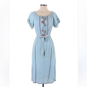 Old Navy Light Blue Embroidered Belted Midi Dress